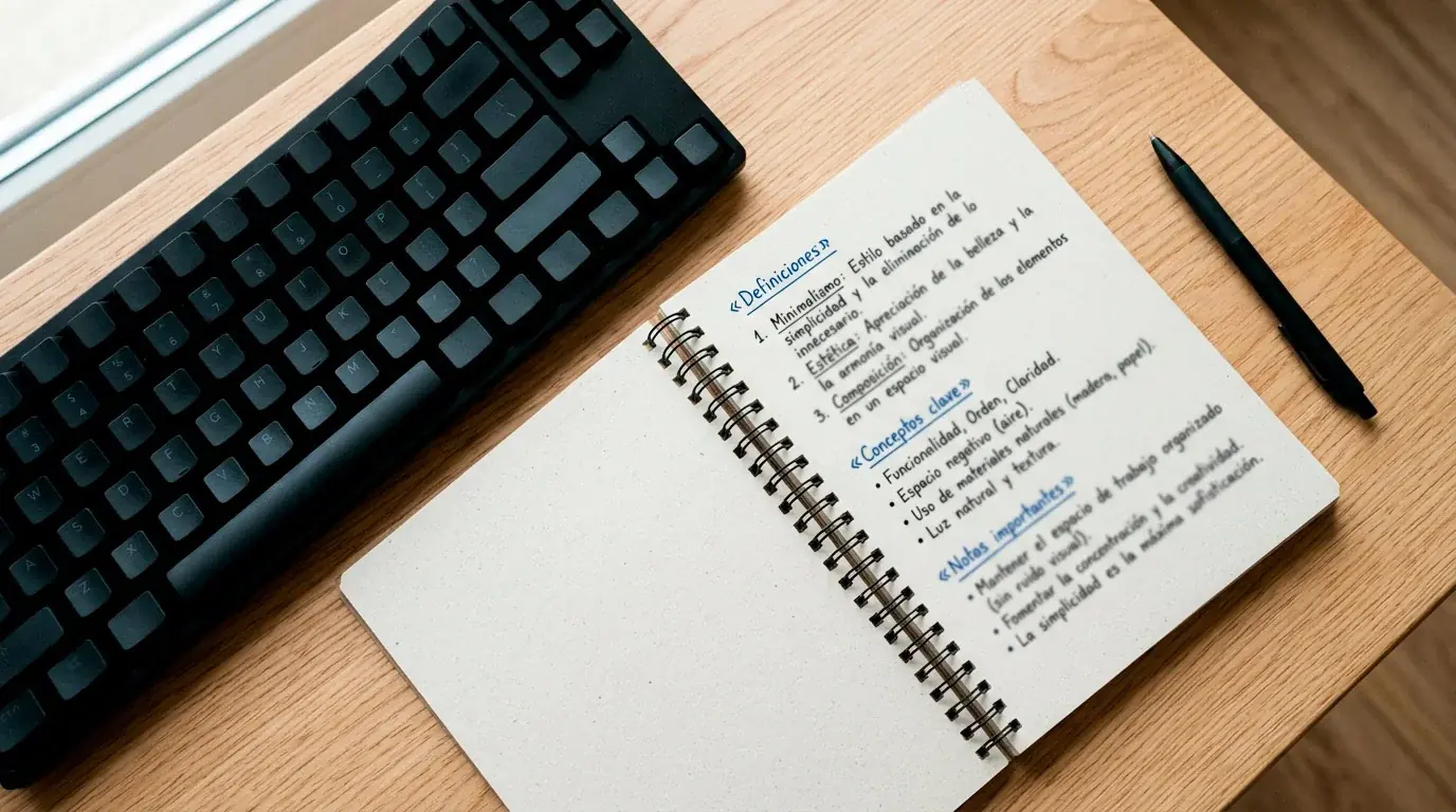 Libreta abierta con un glosario de términos de Counter-Strike 2 escrito a mano junto a un teclado mecánico