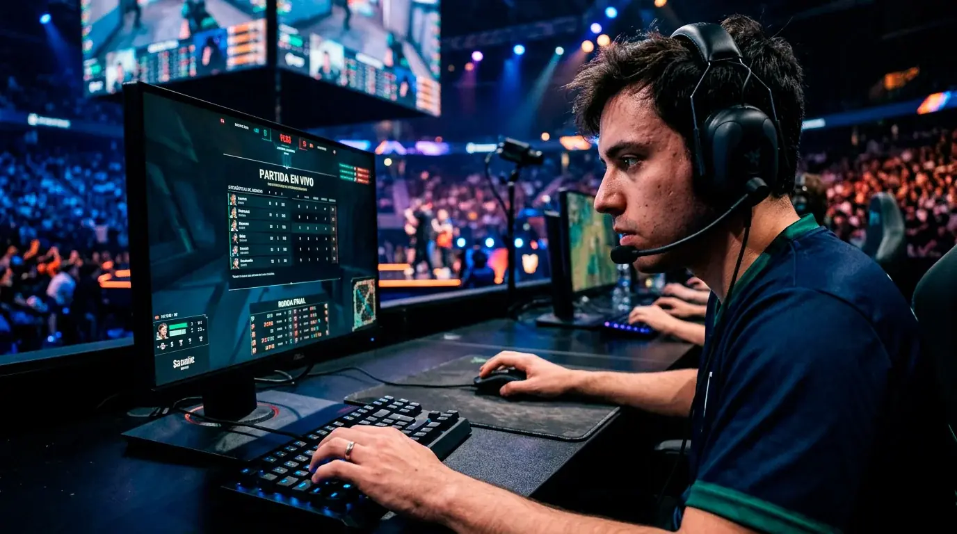Jugador profesional de Counter-Strike 2 con auriculares gaming concentrado frente a su monitor durante una ronda competitiva